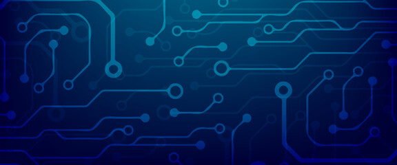 Technology connected blue lines with electronics elements on tech bg. Abstract AI circuit board background. Digital vector illustration. Computer motherboard with a chip, processor, and semiconductor.