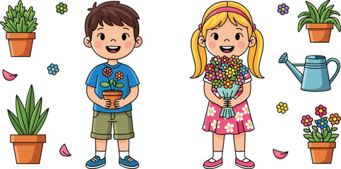 Cartoon children gardening, flower bouquet, potted plants, nature scene, teamwork, outdoor activity, spring vibes, colorful illustration, happy kids, blooming garden