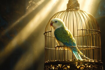 Captivating parrot in a golden cage illuminated by soft rays animal photography warm atmosphere close-up view freedom concept