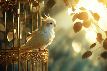 Captivating pet bird in a golden cage warm sunlight photography serene atmosphere close-up freedom concept