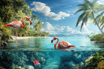 Flamingos wading in tropical waters scenic beach location nature photography lush environment vibrant viewpoint