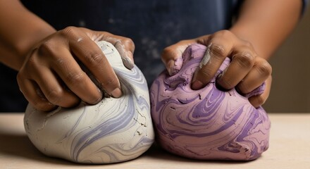 Close-up of hands kneading two marbled lumps of clay or dough, one purple and white, the other white and purple, on a light surface.