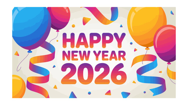 New Year 2026: A vibrant and colorful design exuding joy, balloons, and ribbons, heralding the arrival of a fresh New Year.