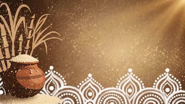 Festival Pongal, intricate white kolam rangoli designs at the bottom, small Pongal pot and sugarcane silhouettes.