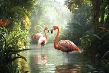 Flamingos wading gracefully in lush tropical wetlands nature photography serene environment captivating viewpoint