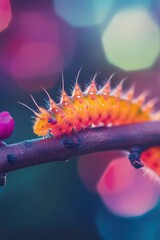 Colorful caterpillar crawling on branch natural setting macro photography vibrant environment close-up view insect life