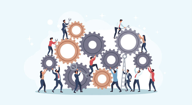 Innovative team members working together to build business success with gears and cogs for collaboration and teamwork concept for startups