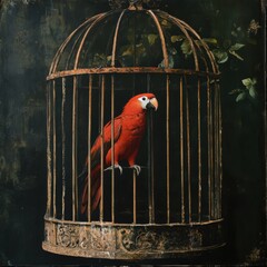 Captivating red parrot in vintage cage artistic display indoor setting close-up view symbol of freedom