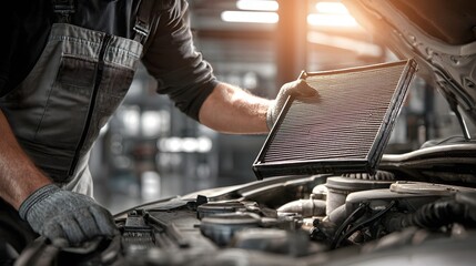 Skilled mechanic removes dirty air filter from vehicle engine bay during service
