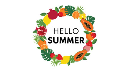 Hello Summer greeting inside a circular wreath made of colorful tropical fruits and leaves like papaya, orange, and monstera.