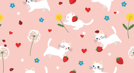Charming seamless pattern of cute white cats playing with strawberries and dandelions, with hearts and ladybugs on a pink background.