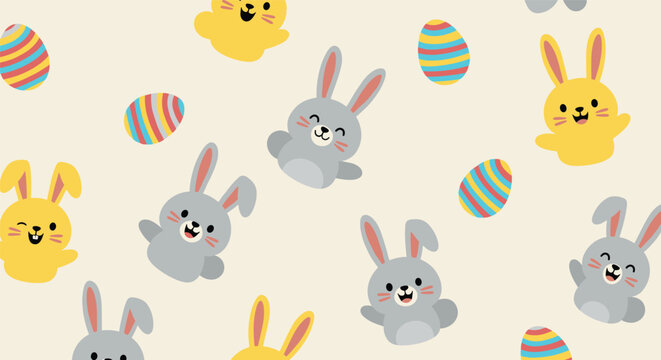 Joyful and cute seamless Easter pattern with happy gray and yellow cartoon bunnies and colorful striped eggs on a beige background.