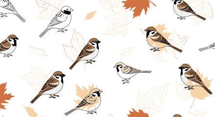Fototapeta premium Realistic and artistic seamless pattern of sparrow birds perched among sketched and solid autumn maple leaves on a white background.