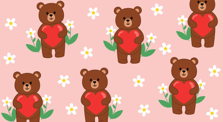 Fototapeta premium Sweet and simple seamless pattern of cute brown bears holding red hearts and standing by white daisy flowers on a pink background.