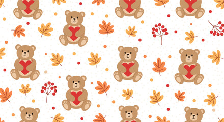 Sweet seamless autumn pattern with cute teddy bears holding red hearts, surrounded by falling leaves, berries, and colorful dots.