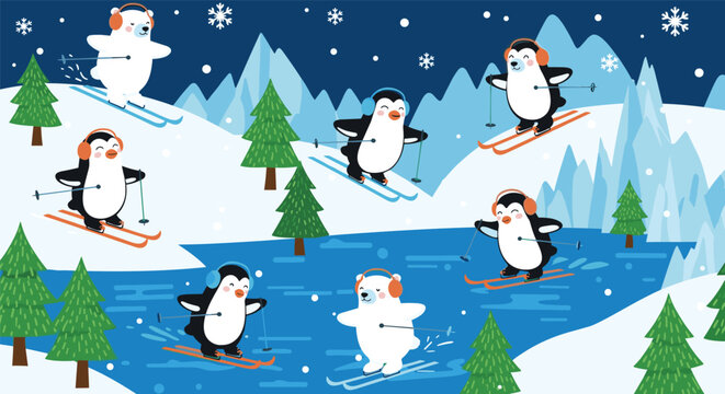 Fun winter scene illustration with cute cartoon penguins and a polar bear skiing and ice skating in a snowy mountain landscape.