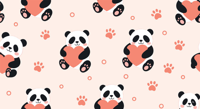 Cute and lovely seamless pattern of cartoon panda bears holding pink hearts, with paw prints and circles on a peach background.