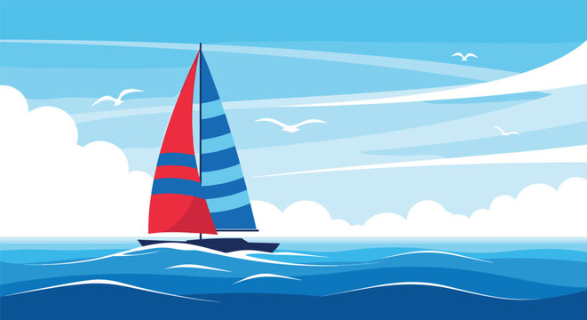 Stylized illustration of a sailboat with red and blue sails cruising on a vibrant blue ocean under a partly cloudy sky.