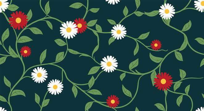 Beautiful seamless floral pattern of intertwining vines with charming white and red daisy flowers on a dark teal green background.
