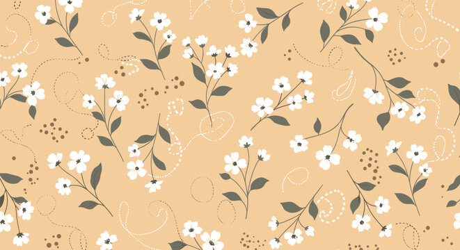 Elegant and delicate seamless pattern of small white flowers on grey stems with dotted swirl accents on a soft peach background.