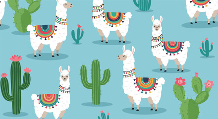 Naklejka premium Cute and trendy seamless pattern of adorable white llamas with colorful saddles and various green cacti on a light blue background.