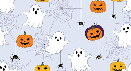 Naklejka premium Spooky and cute seamless Halloween pattern with flying ghosts, jack-o'-lanterns, spiders, and webs on a light purple background.