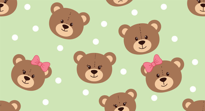 Adorable seamless pattern of cute brown teddy bear faces, some with pink bows, scattered with white polka dots on a green background.