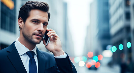 Man in dark suit talking on phone with city lights bokeh background