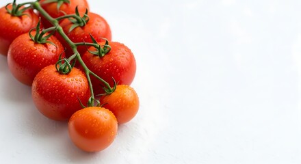 Fresh vine tomatoes glistening with water drops, ready for summer salads or a healthy snack, ideal for vibrant food blogs and farm-to-table recipes
