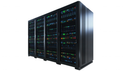 A view of multiple server racks in a dark data center room on transparent background