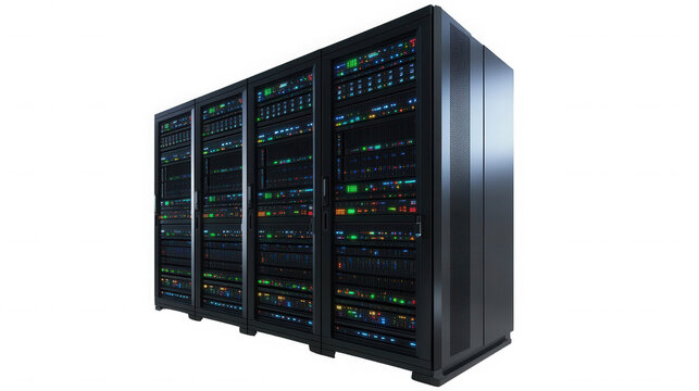 A view of multiple server racks in a dark data center room on transparent background