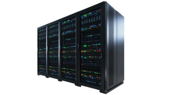 A view of multiple server racks in a dark data center room on transparent background