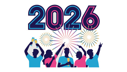 Fototapeta premium Year 2026 Celebration: A silhouette of people celebrate the arrival of the year 2026,raising their glasses toasting with fireworks in the background, symbolizing new beginnings, celebration, and joy.