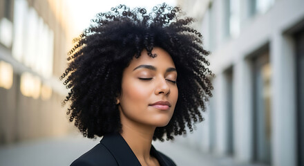 Woman with curly hair closed eyes in front of building