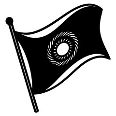 Black flag with a swirling sun or vortex symbol isolated on white background