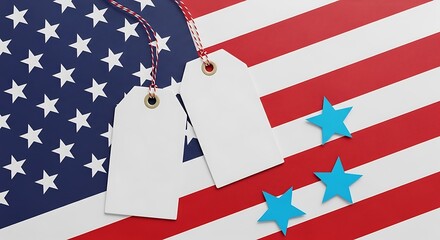 United states flag background with two blank white price tags and three blue paper stars, symbolizing american commerce, patriotism, special offers and sales