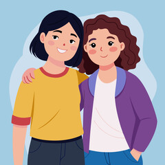 Two happy young women friends embracing with arms around each other isolated on white background