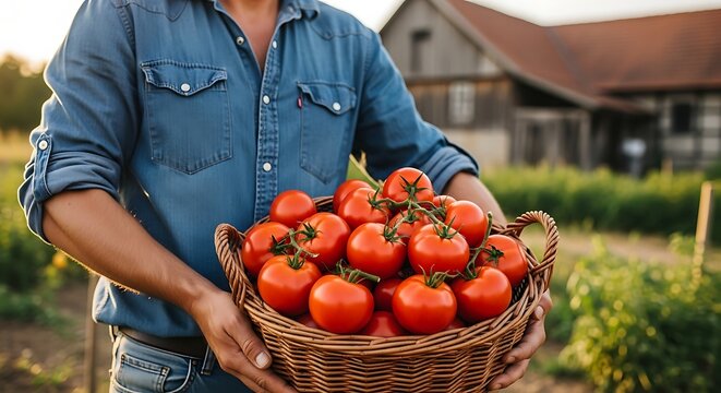 Farmer holds a bountiful basket of ripe red tomatoes fresh from the garden, offering healthy eating and farm-to-table goodness with sustainable harvest