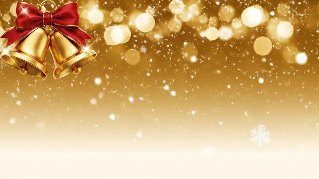 Christmas background, shimmering soft bokeh, a pair of golden Christmas bells with a red ribbon in the top corner.