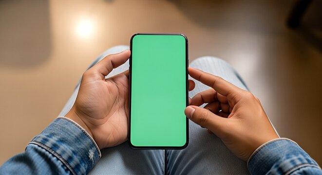 Person Holding a Smartphone with a Green Screen Display Mockup in Hands