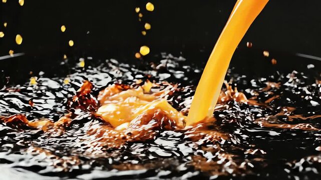 Orange and Lemon Juice in a Jet Stream, Set Against a Black Background, A Pure Sweet Liquid Splash and Dynamic Abstract.