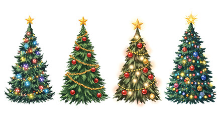 Watercolor Christmas trees with colorful ornaments festive lights and festive splatters isolate