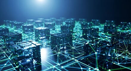 Abstract Digital Network with Glowing Connections and Cubes Representing Data Flow and Technology.