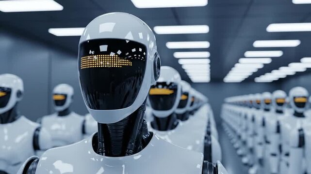 Futuristic factory of identical robots standing in rows, modern assembly line
