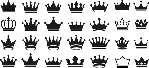 Crown silhouette vector set, royal icon collection, black flavector shapes, regal design styles, monarchy symbols, leadership emblems, decorative crowns, white background, noble theme