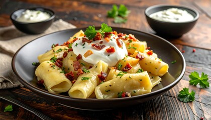 A savory pasta dish with bacon, parsley, and sour cream