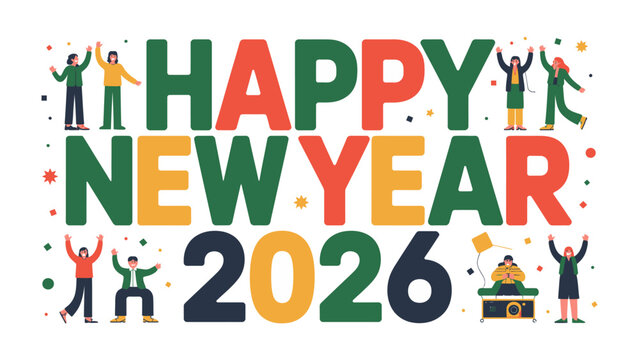 New Year's Greetings 2026: Celebrate the dawn of 2026 with a vibrant and joyful typographic composition, inviting viewers to embrace new beginnings and shared moments of happiness.