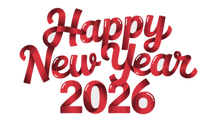 Happy New Year 2026: Festive greeting with elegant red ribbon text announcing the arrival of the New Year, full of hope, joy, and celebration.