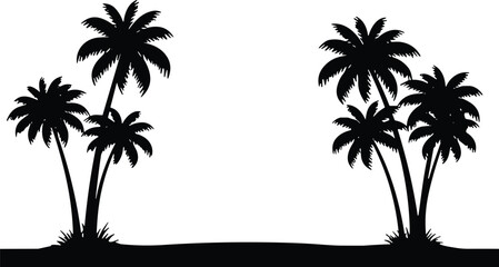 Obraz premium Palm tree silhouette landscape, tropical nature, black vector trees, summer vibe, beach scene, exotic island, outdoor design, flavector, white background, travel concept, vacation mood