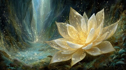 Glowing Golden Lotus Flower By Waterfall In Enchanted Forest